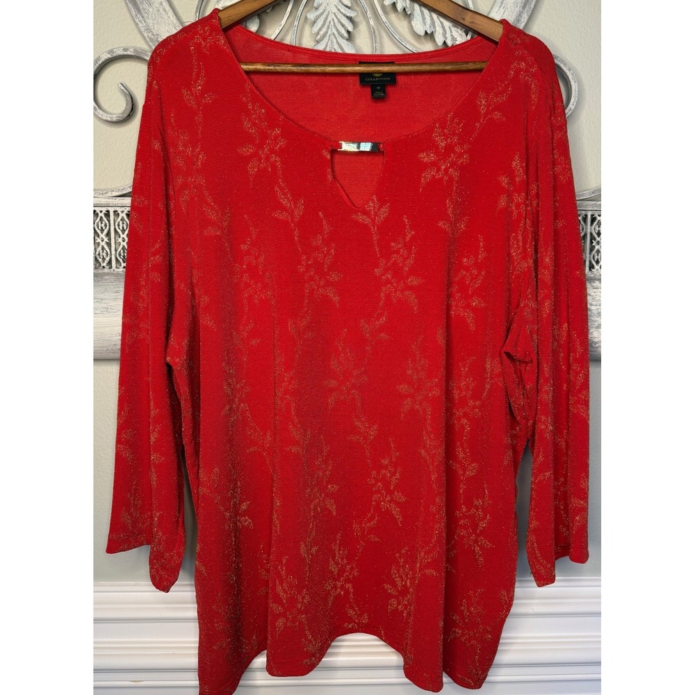 JM Collection Womens Red Gold Metallic Floral Keyhole Knit Top Plus Size 3X EUC